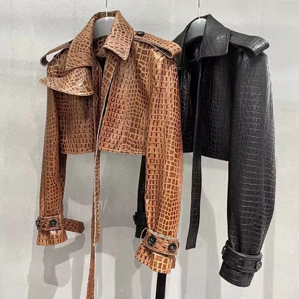 Elegant Crocodile Pattern Trench Coats in Brown and Black